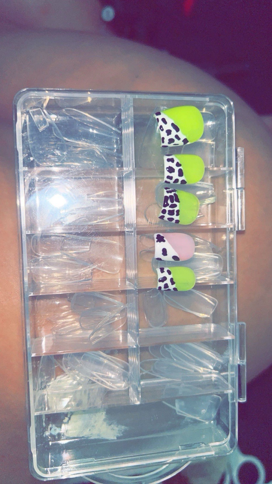 Coffin Long Full Cover Clear Plastic 3D Animal Print Nail Tips Green Pink