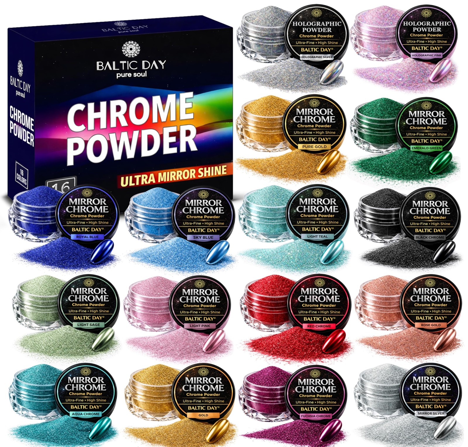 16 Colors Chrome & 1g per jar (16 jars total), 16 & Holographic