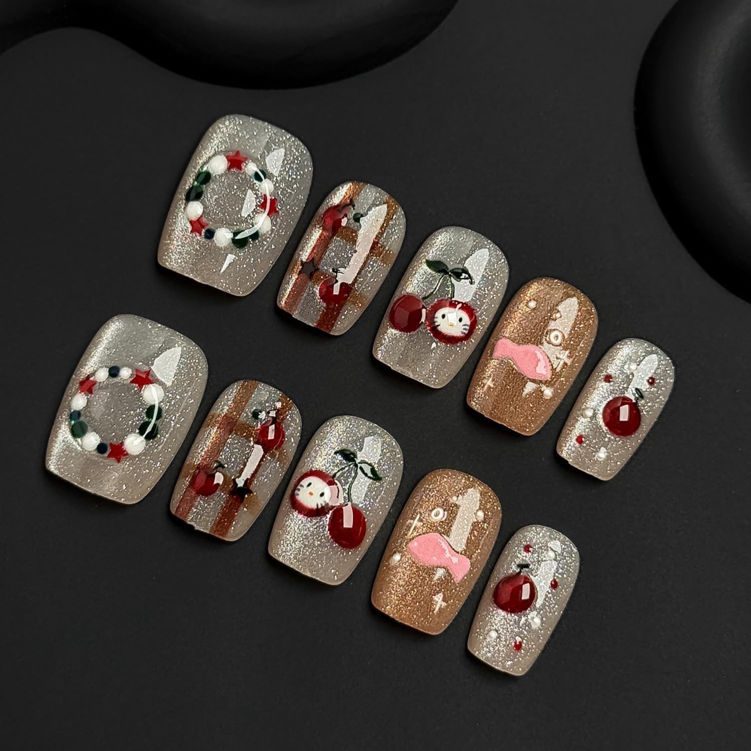 30Pcs Short Press on Nails Cute Christmas Fake Nails Glitter Design Square Ac…