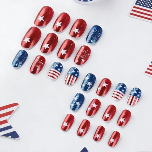 Short Almond Fake Nails – 4th of July Press On Nails