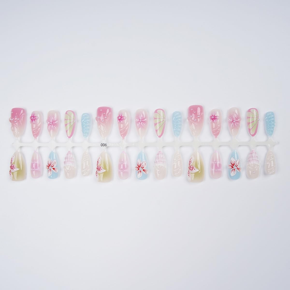 30Pcs Spring Flower Press on Nails Medium Almond Shape Pink Blue Floral Fake …