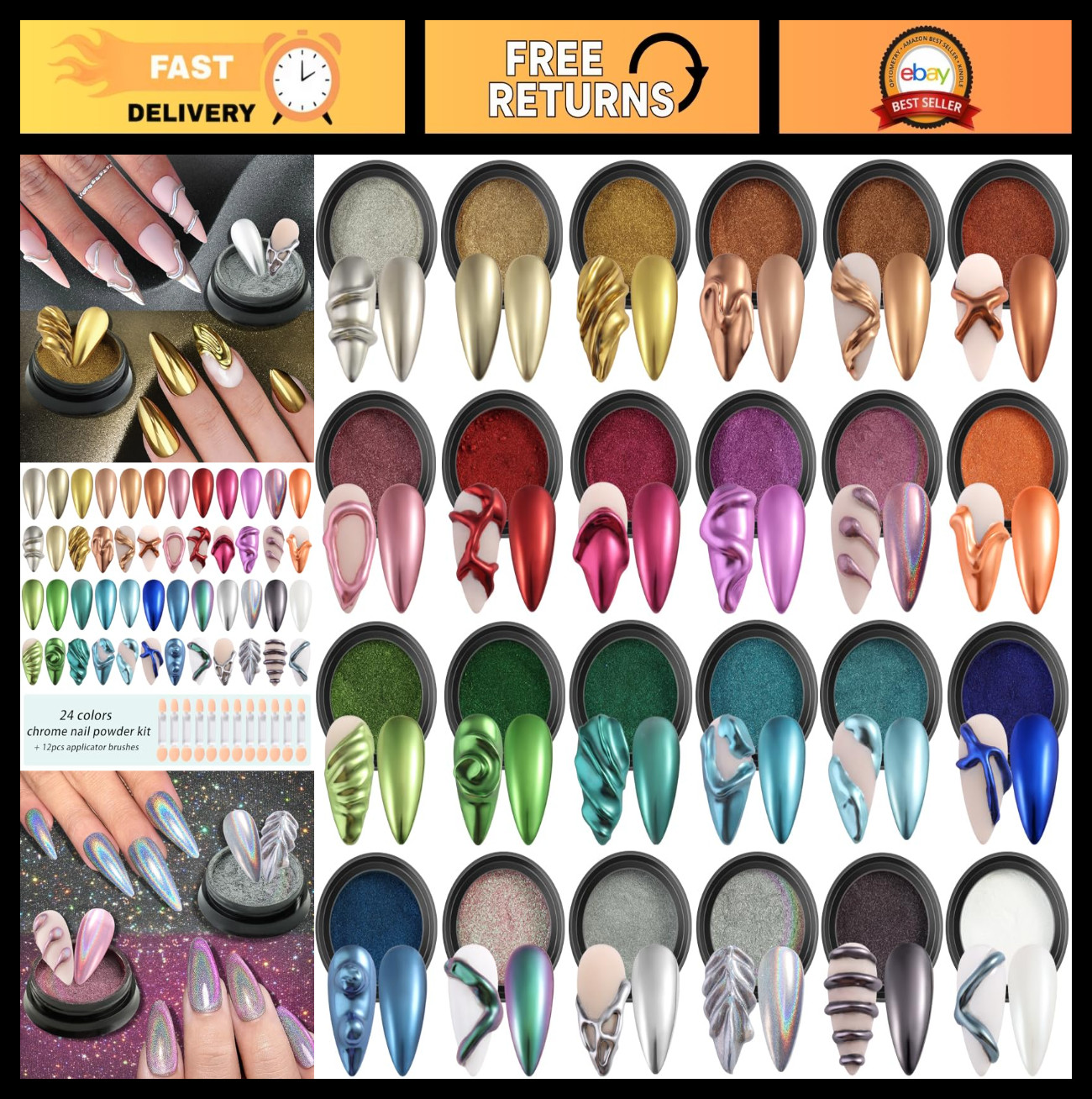 24 Colors Metallic Nail Powder Set – Chrome, Iridescent & Chameleon Pigments for