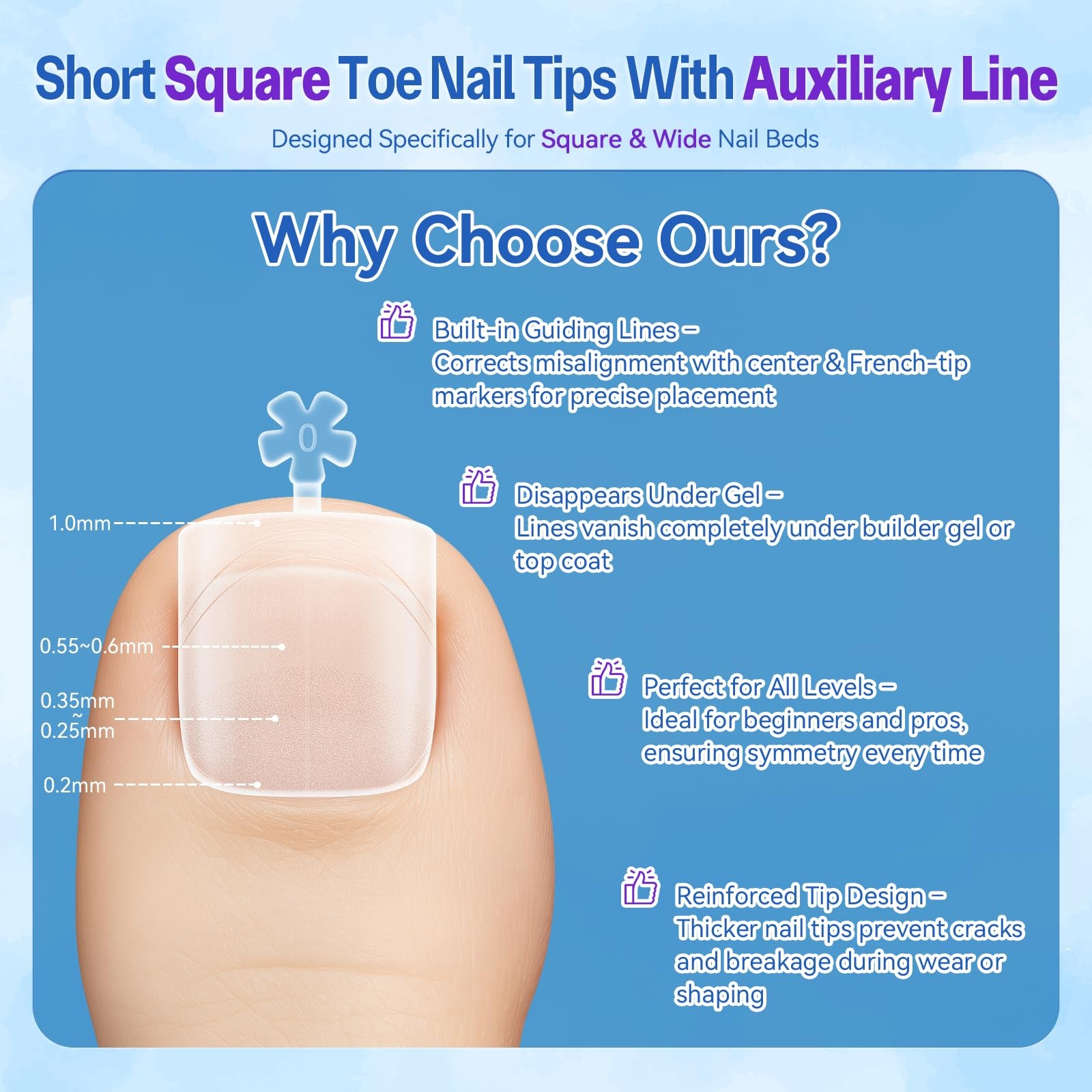 Toe Nail Tips Auxiliary Line, Square Full Cover for Wide Long Nail Beds, Matt…