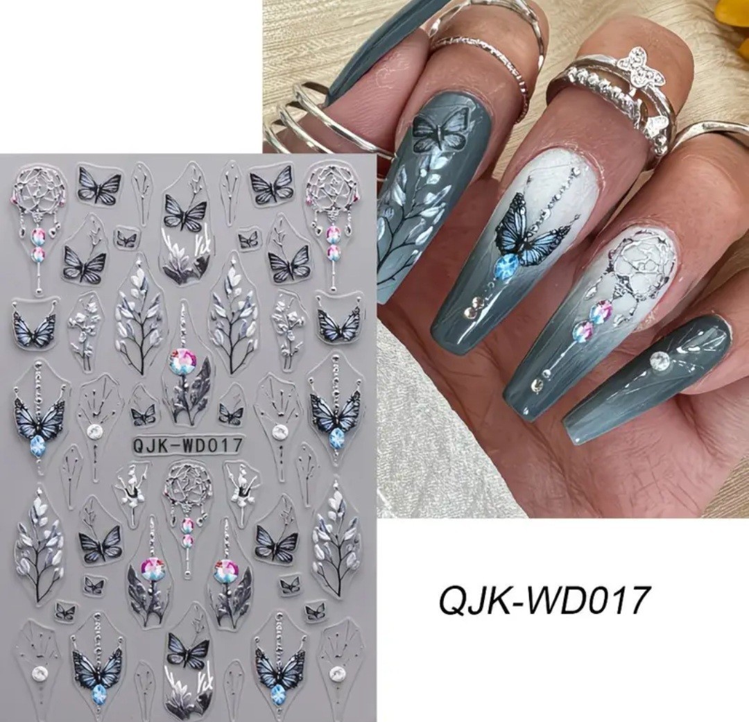 2 Pc Silver Black Nail Art Transfer Stickers Butterfly Scrolling Floral Gem Pink