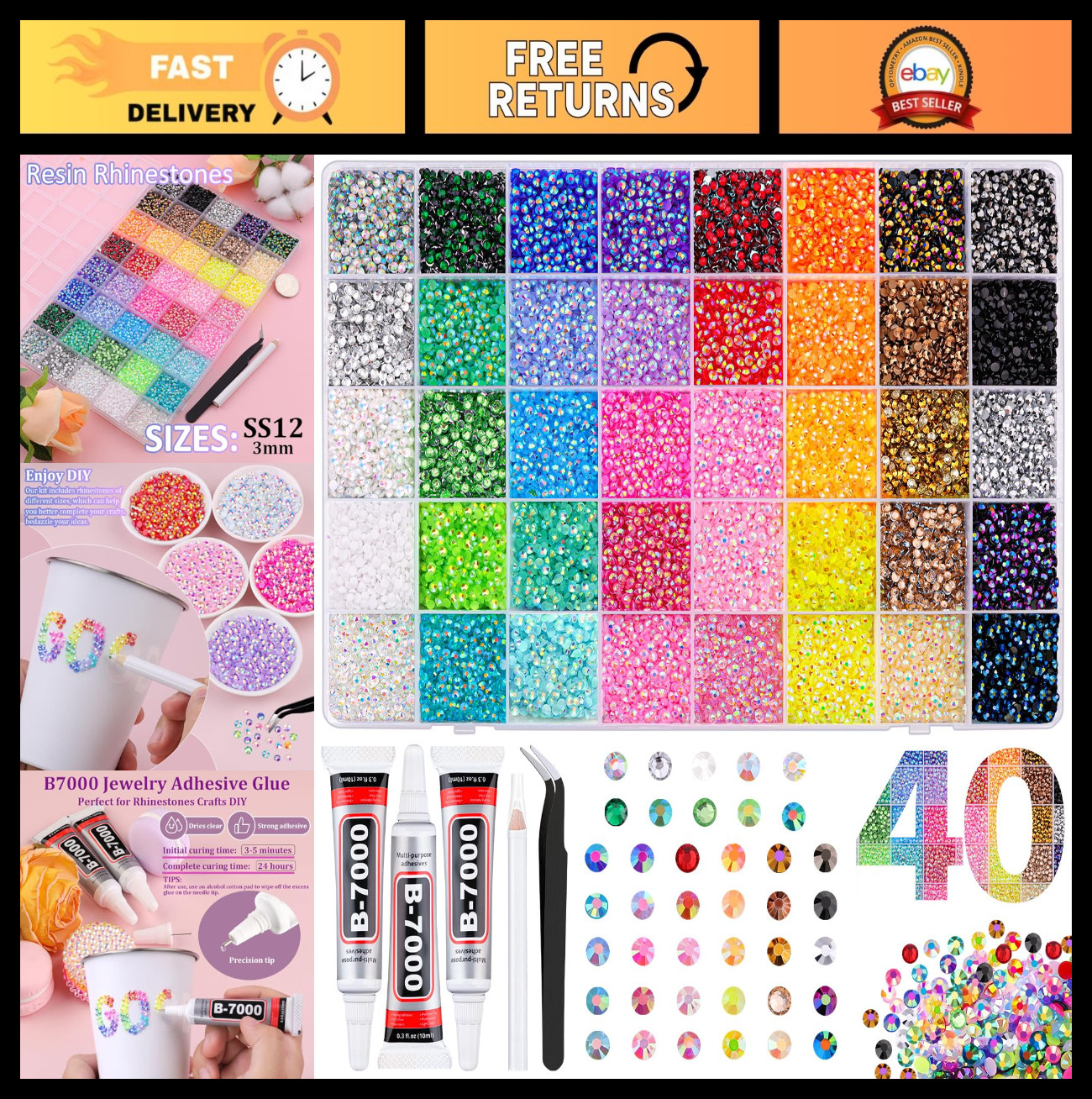 40,000 Pcs Multicolor Jelly Rhinestones & 3 Pcs B7000 Glue for Crafting & Nail A