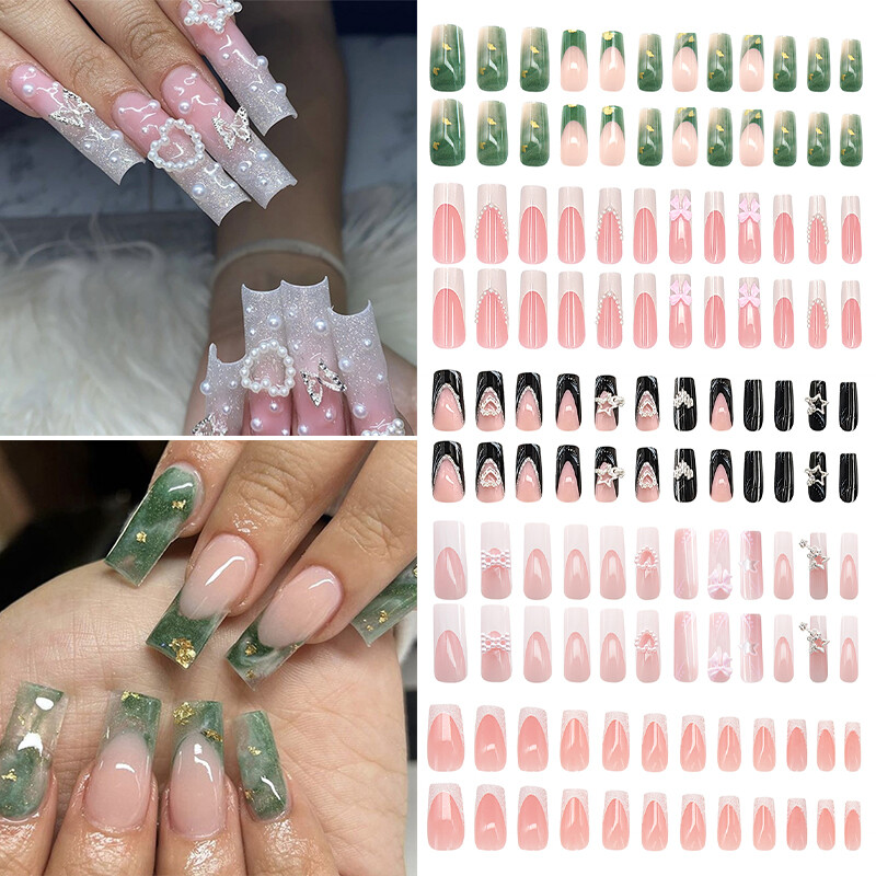 Wearable Fake Nails Bling 24Pcs Designs Medium Long Coffin Decor False Nails