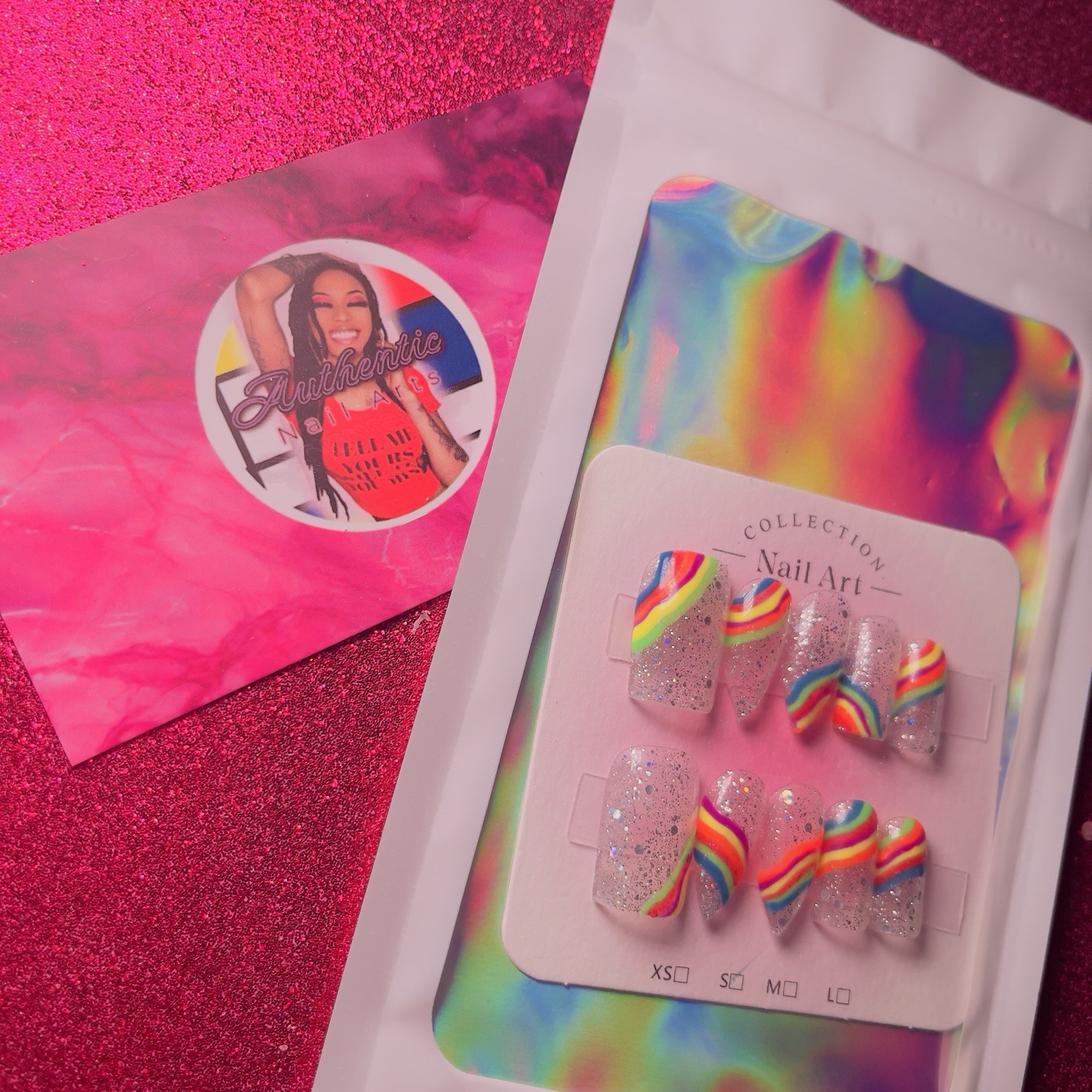 Authentic Nail Arts by Dia Long Coffin Press-On Nails Clear Rainbow Glitter