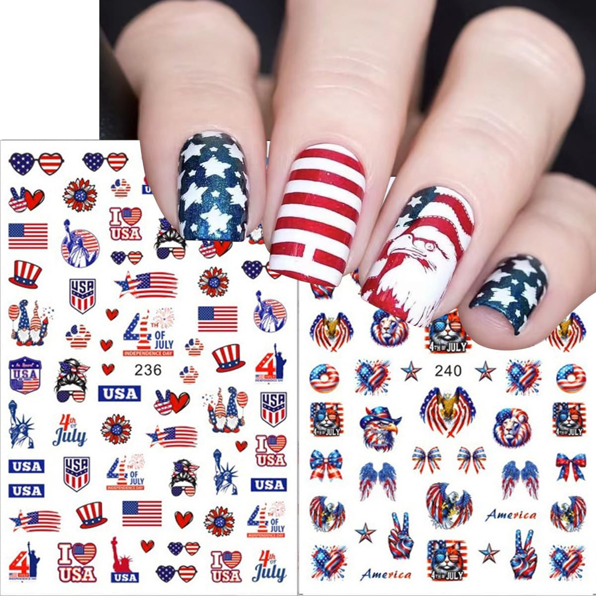 6Pcs 4Th of July Nail Art Stickers Decals Red Blue White Flag 3D Self-Adhesive N