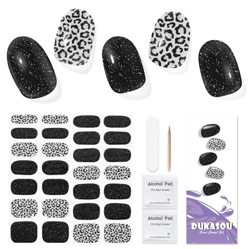 Semi Cured Gel Nail Strips | 28 pcs Gel Nails Strips Long D Black Leopard Print