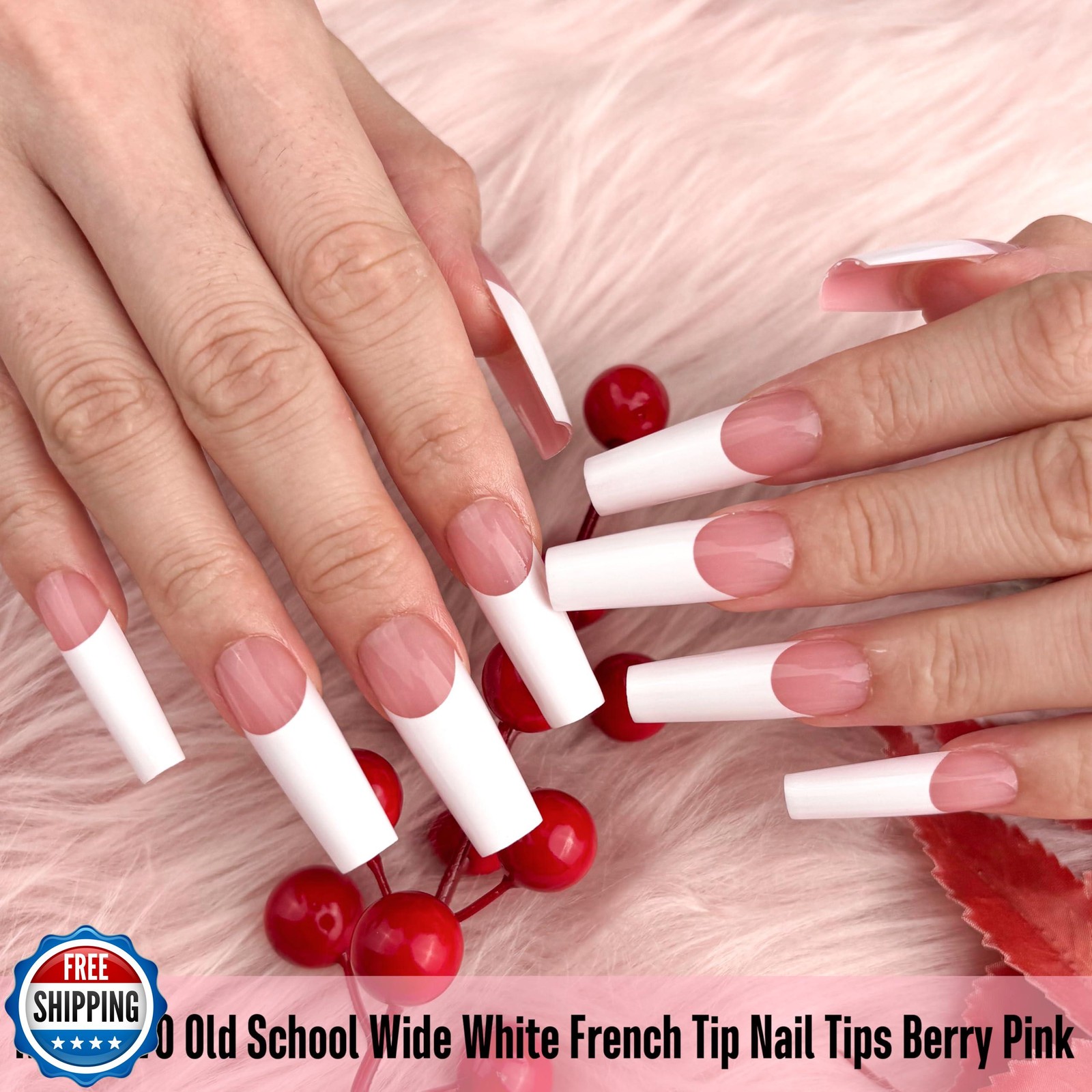 NOVO OVO Old School Wide White French Tip Nail Tips Press on, Long Tapered Sq