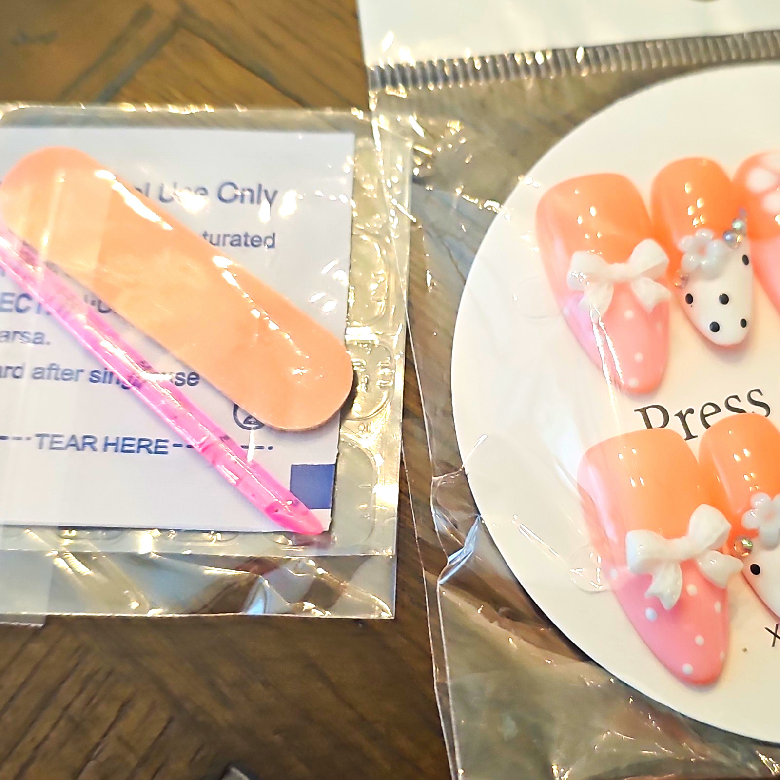 Press-On Nails Large Long Coffin Shiny 3D Floral Pink/Peach/White Set French
