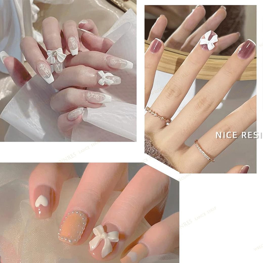 200Pcs Bow Nail Charms for Nails – White Bow-Knot for Nails Design Nail Art S…