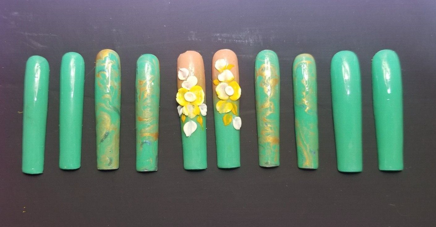 KFN Press-On|XXL Turquoise Floral Luxury Swarovski Gel Sculpted Art|10 PC
