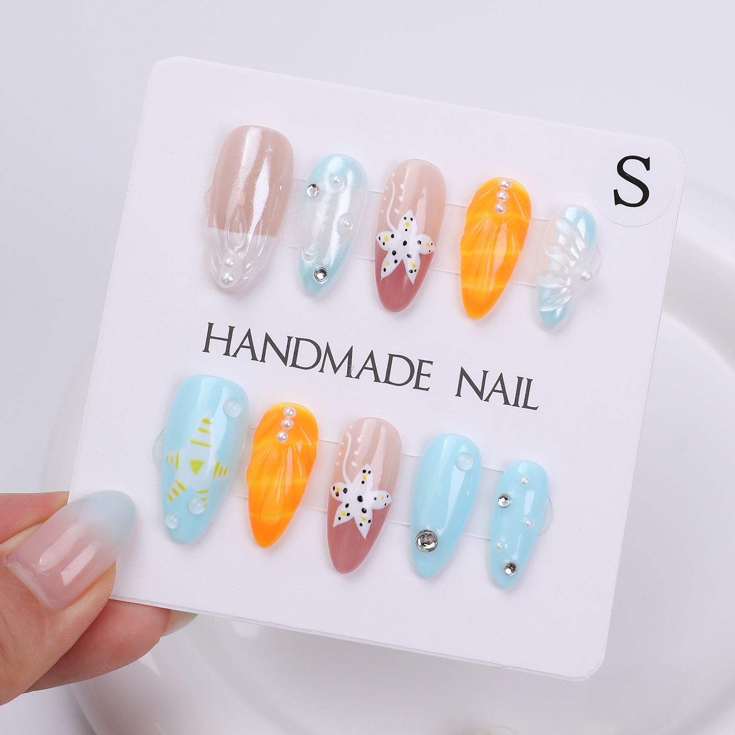 Press On Nails Medium Almond Blue Orange 3D Floral Pearl Summer Beach Nail Set