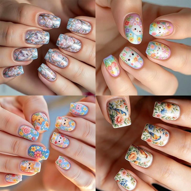 96Pcs Short Square Nails, Cute Cat Unicorn, Flower & Bird Hand Painting