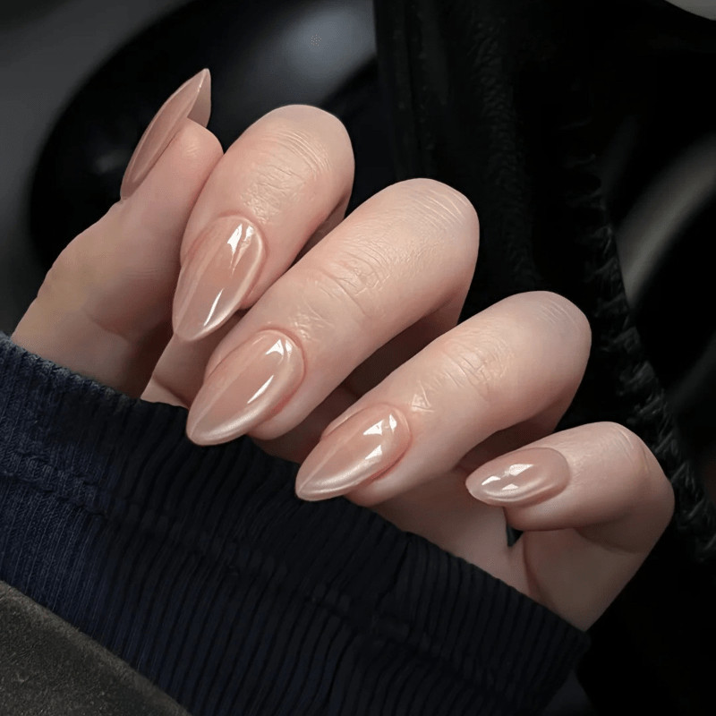 48pcs Almond Press on Nails, Nude Clear Cat Eye Gradient Stylish Manicure