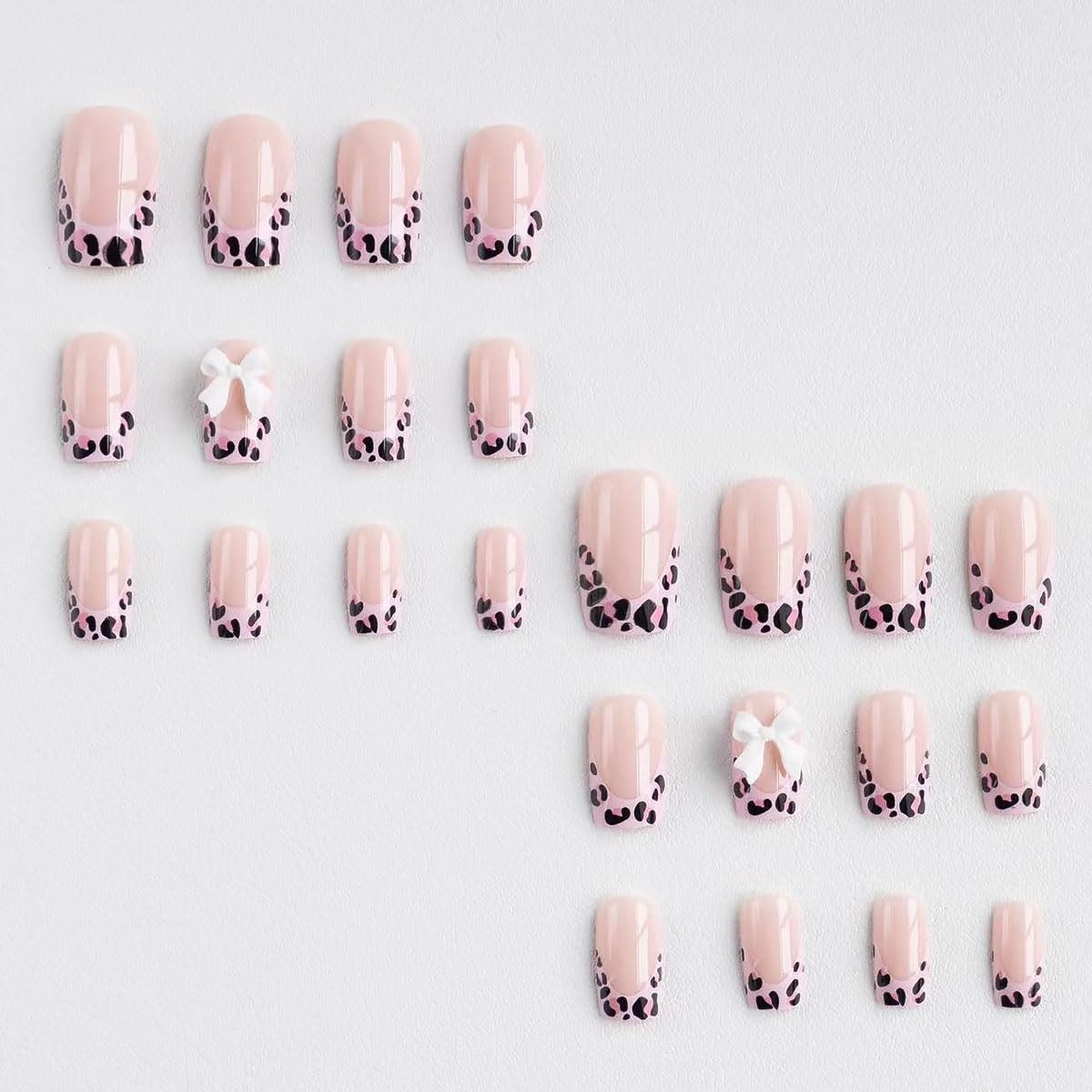 Pink French Tip Press On Nails – Medium Square Leopard Bow Design, Nude Glitt…
