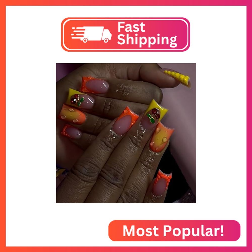 RIICFDD Duck Nails Press on Orange Yellow Wide French Tip Press on Nails with Du