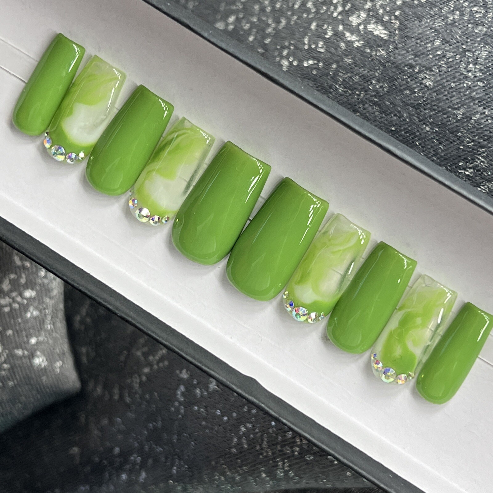 🍏 CUSTOM Gel Press On Nails, GREEN W/ BLING, 10p Set, FULL KIT, Medium Square