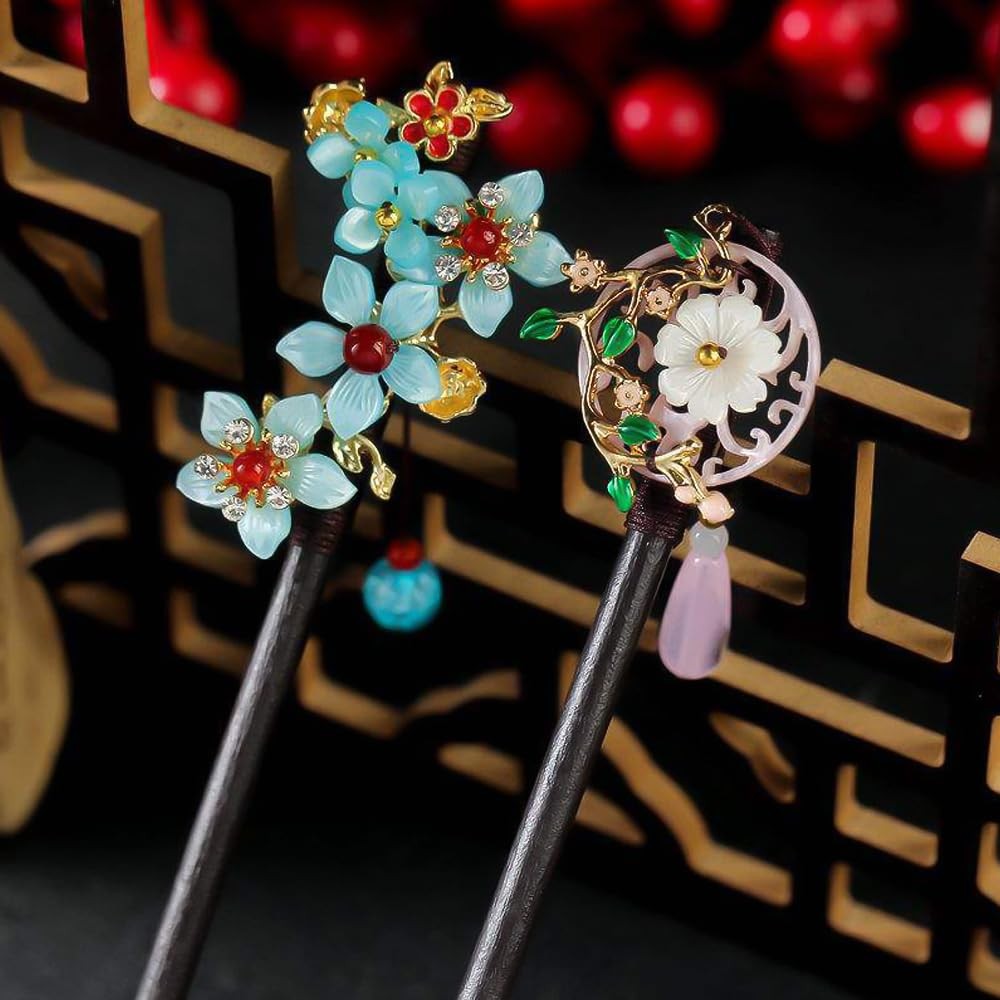 3PCS Hair Stick,Flower Pins For 1 Count (Pack of 3), blue,Pink,Green