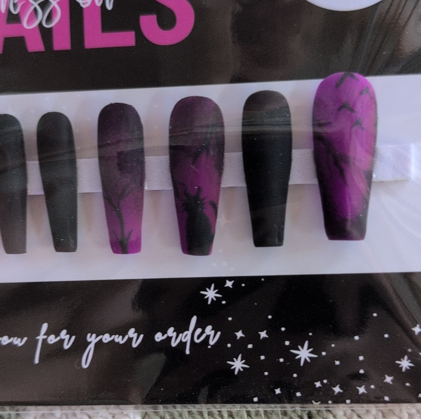 Handmade Press-On Nails Long Coffin Purple Black Sized Extra Small