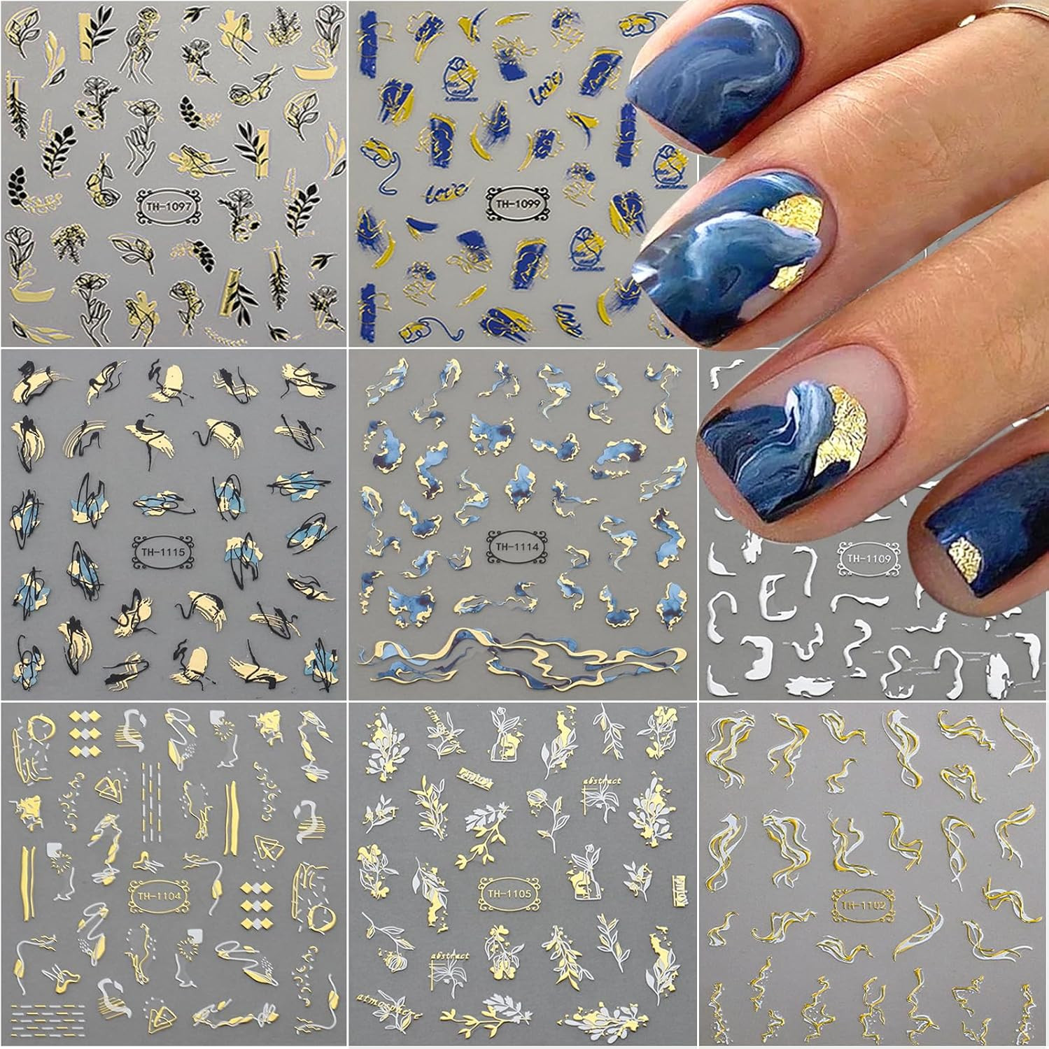 12 Sheets Gold Nail Stickers – 3D Self-Adhesive Metal Geometric Stripe Wave Nail