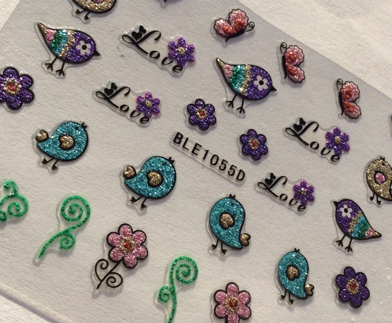 Nail Art 3D Stickers Glitter Decals Easter Spring Love Birds Flowers BLE1055D