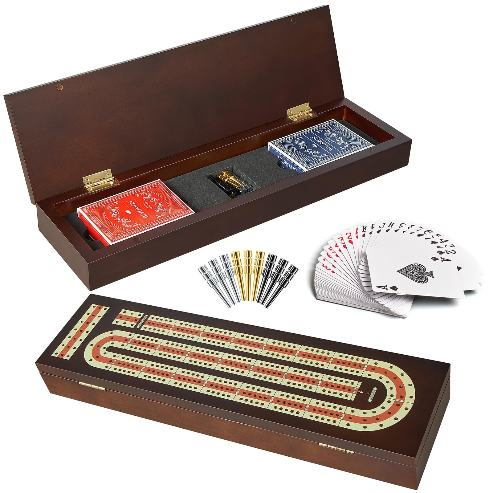BIVOMON Cribbage Board Game Set Continuous 3 15 x 4 x 2 inches, Brown+classic