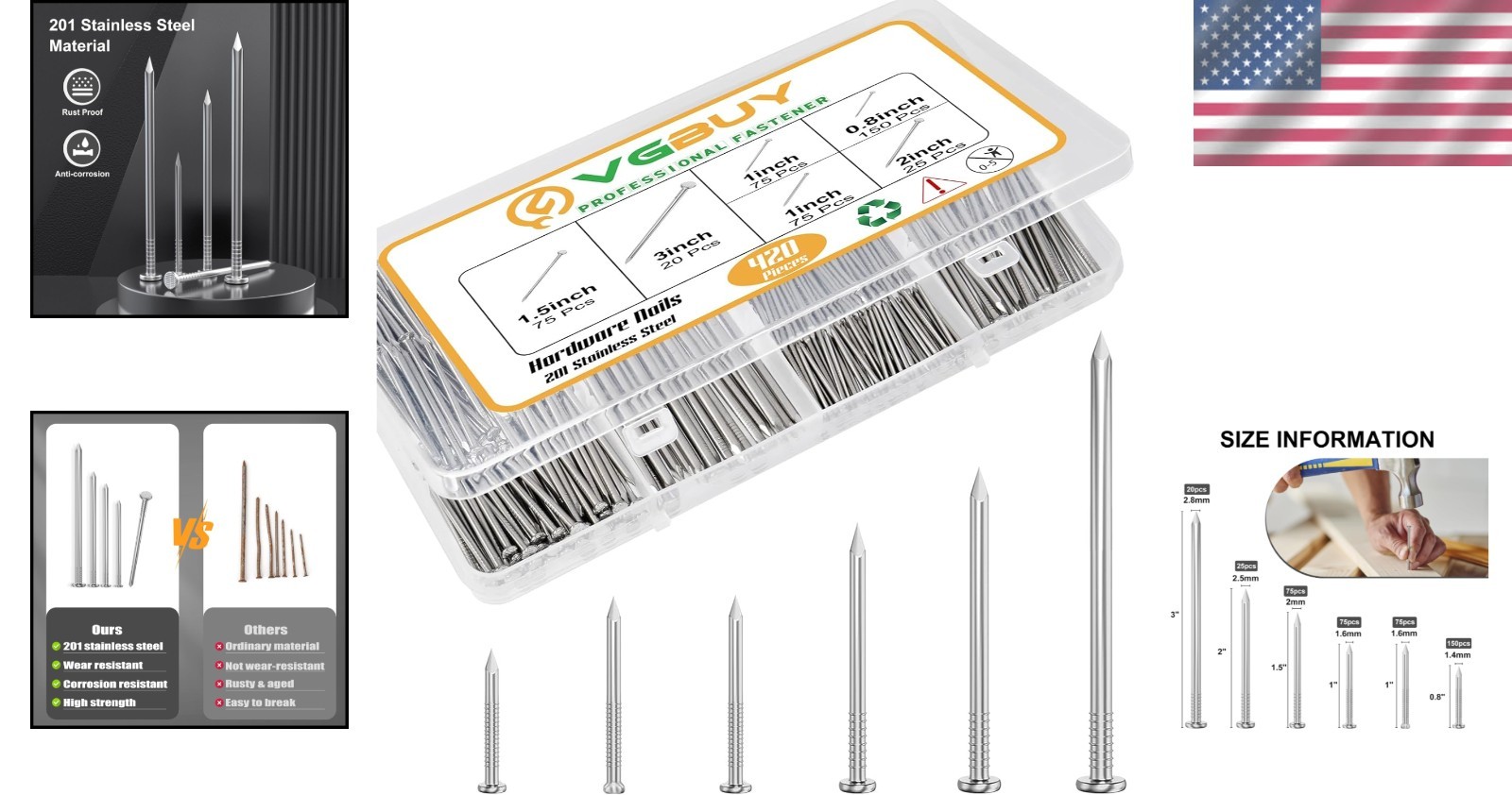 Versatile 420PCS Stainless Steel Nail Kit – Ideal for Hanging Pictures & Decor