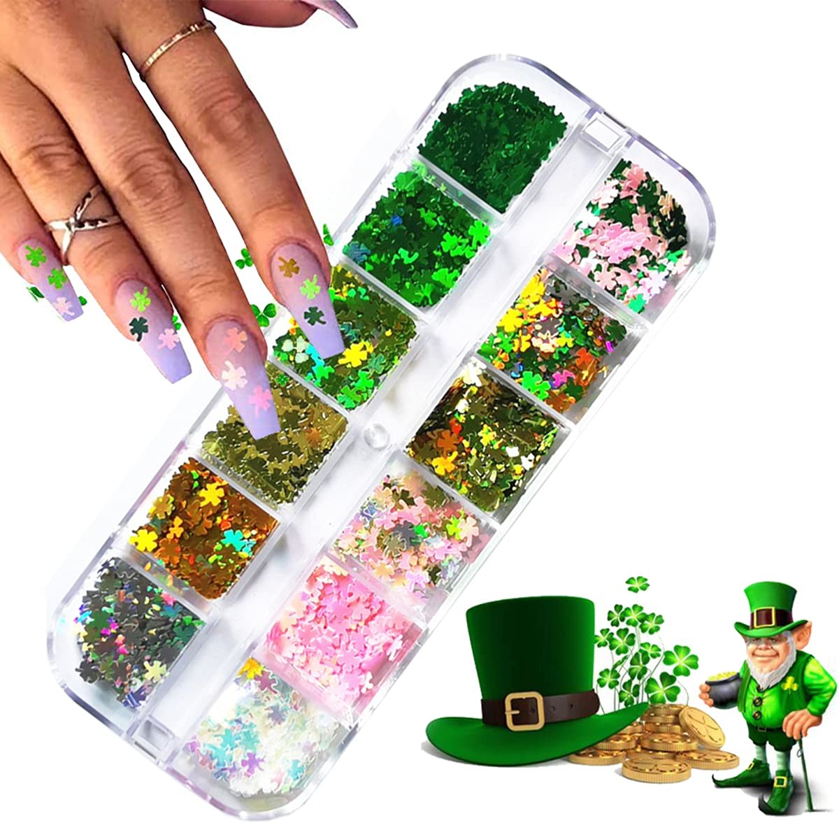 St. Patrick’s Day Nail Art Glitters Green Clover Flakes Nail Sequins 3D Shamr…