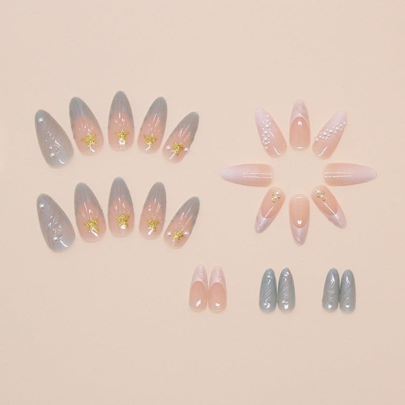 24Pcs Ocean Shell Press on Nails Medium Almond Fake Nails with 3D Star Pearl …