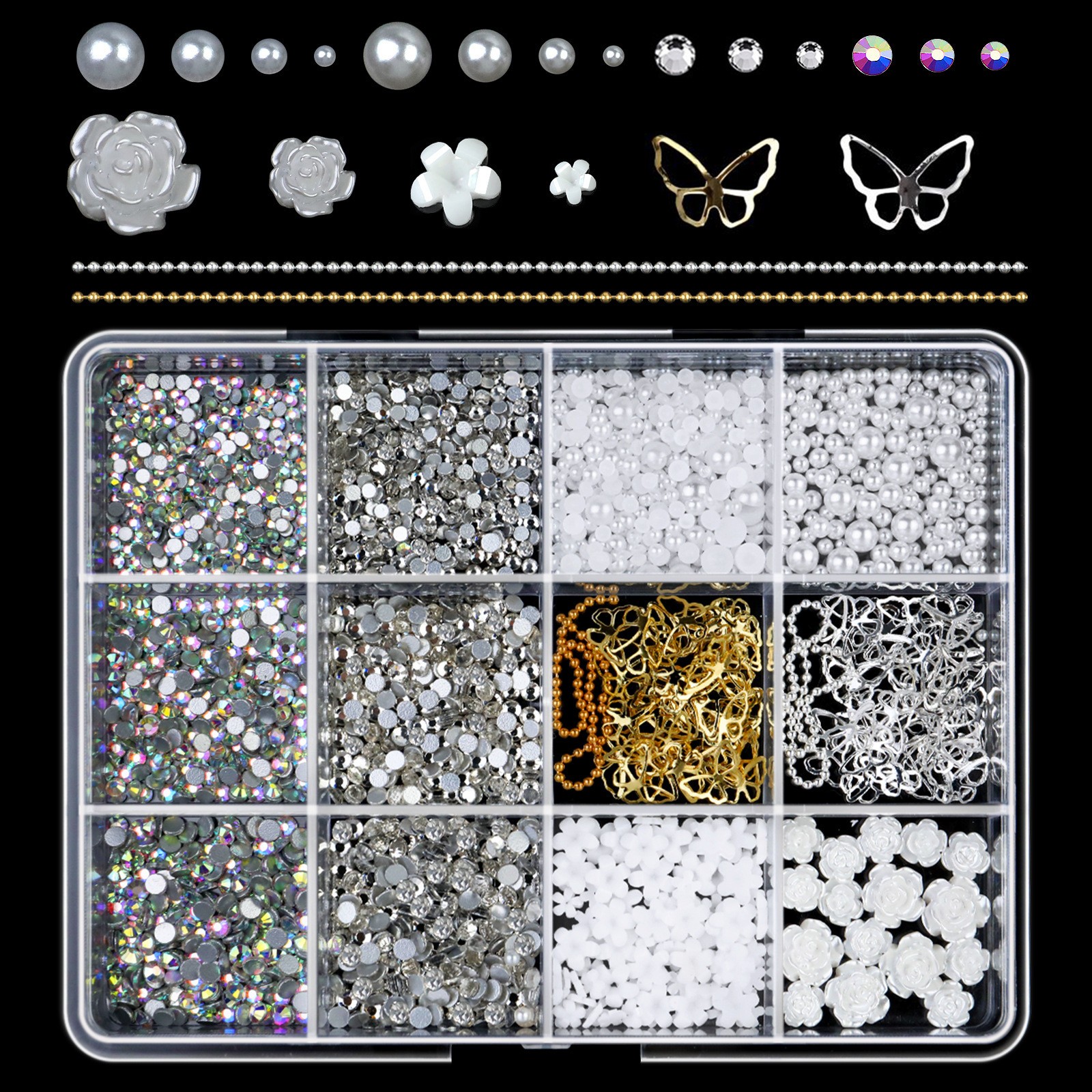 12/15Grids Acrylic Flower Nail Charms Mix Colors Set 3D Flower Nail Art Rhinesto