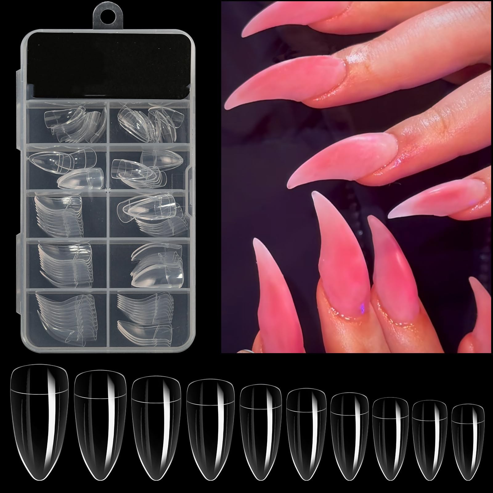 Halloween Nail Tips Curved Stiletto, Clear Gel x Extension kit Full Cover to …