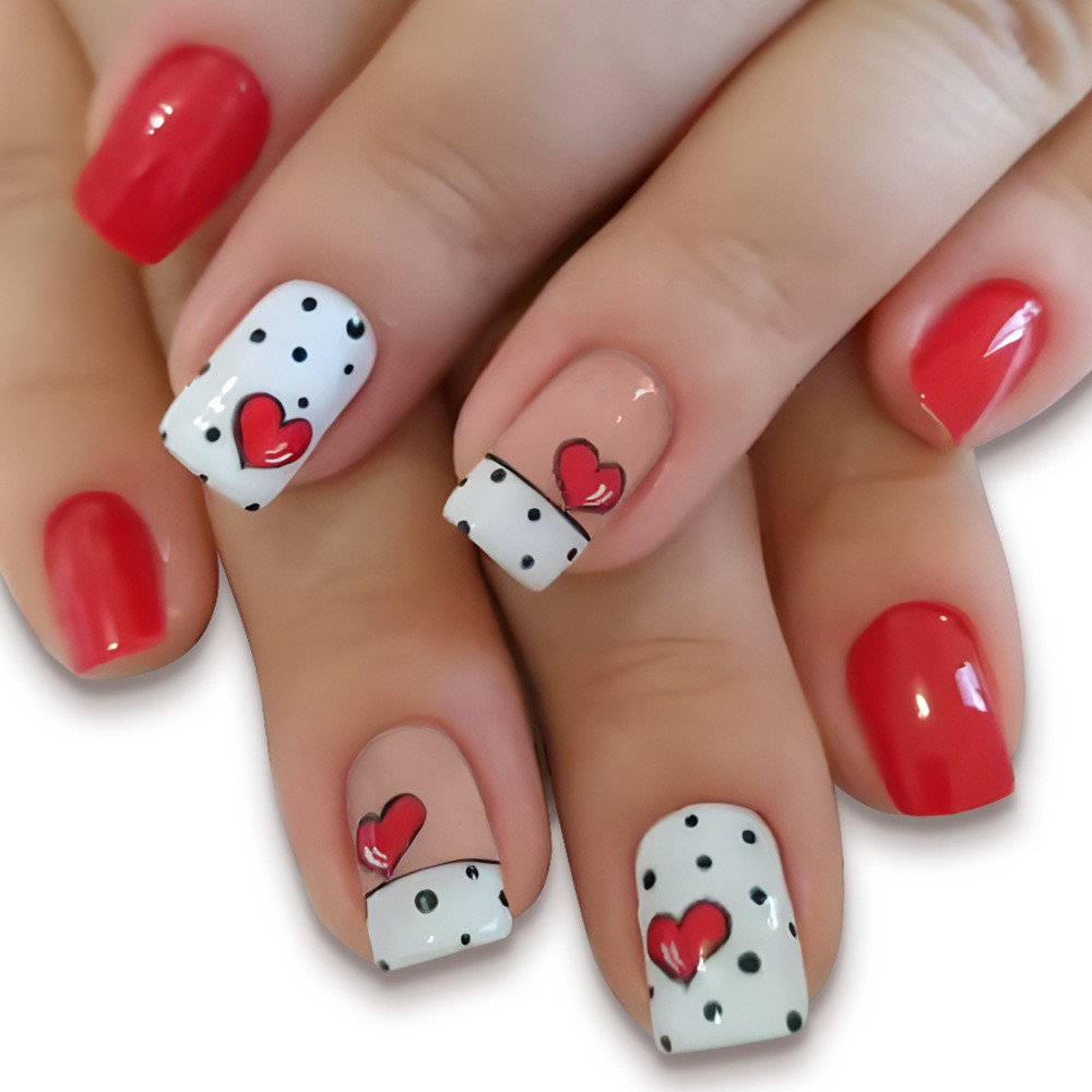 24pcs White/Red Polka Dot 3D Heart Press-On Nails. Waterproof, Reusable Gift.