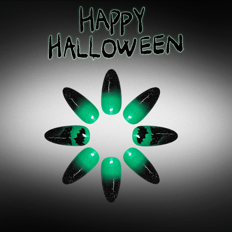 48Pcs-Long Almond Green Black Gradient Bat Glitter Press on Nails Set