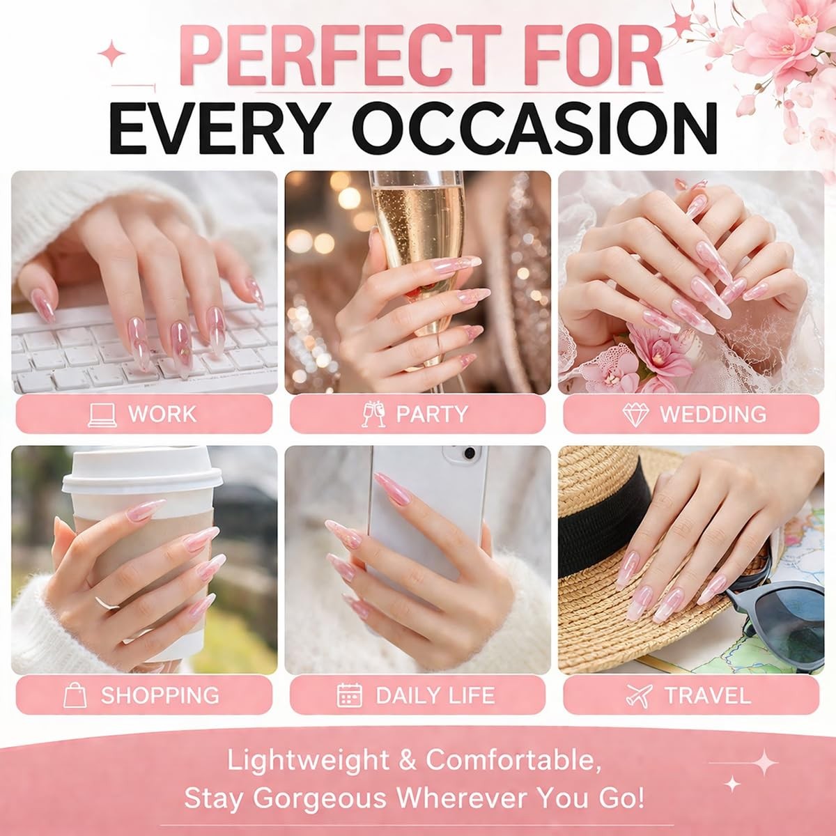 30Pcs Summer Beach Press On Nails Medium Almond Shaped Fake Nails with Jellyf…