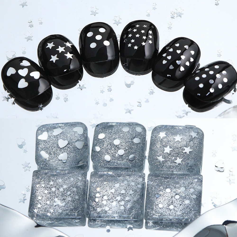 6 Grids Nail Art Glitter Sequins Silver Nail Flakes~Heart Star Round Mixed Shape