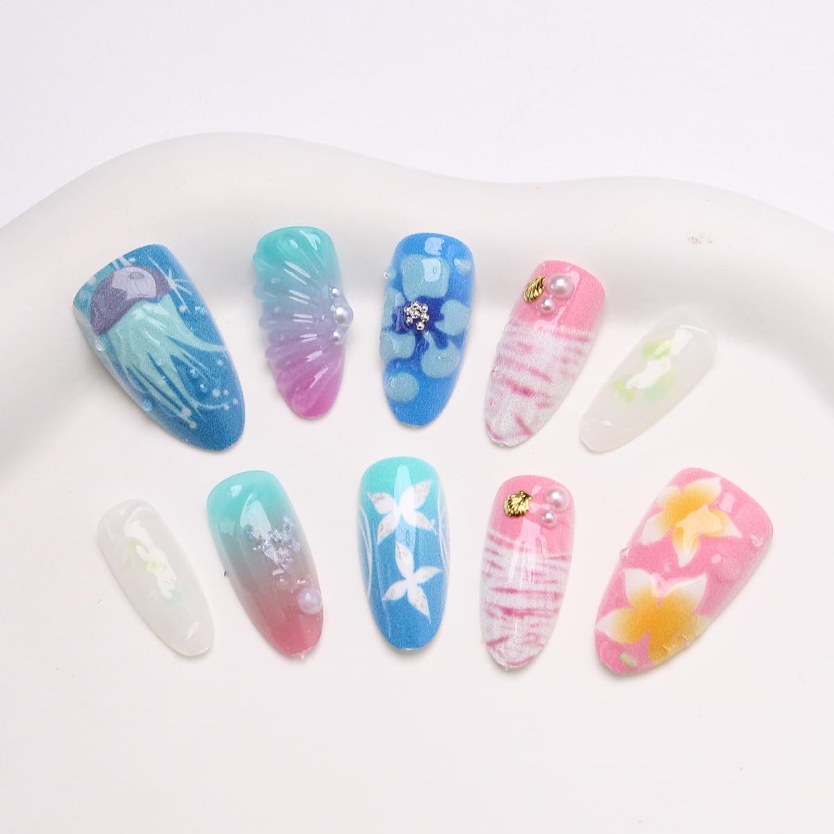 30Pcs Summer Beach Press On Nails Medium Almond Shaped Fake Nails with Jellyf…