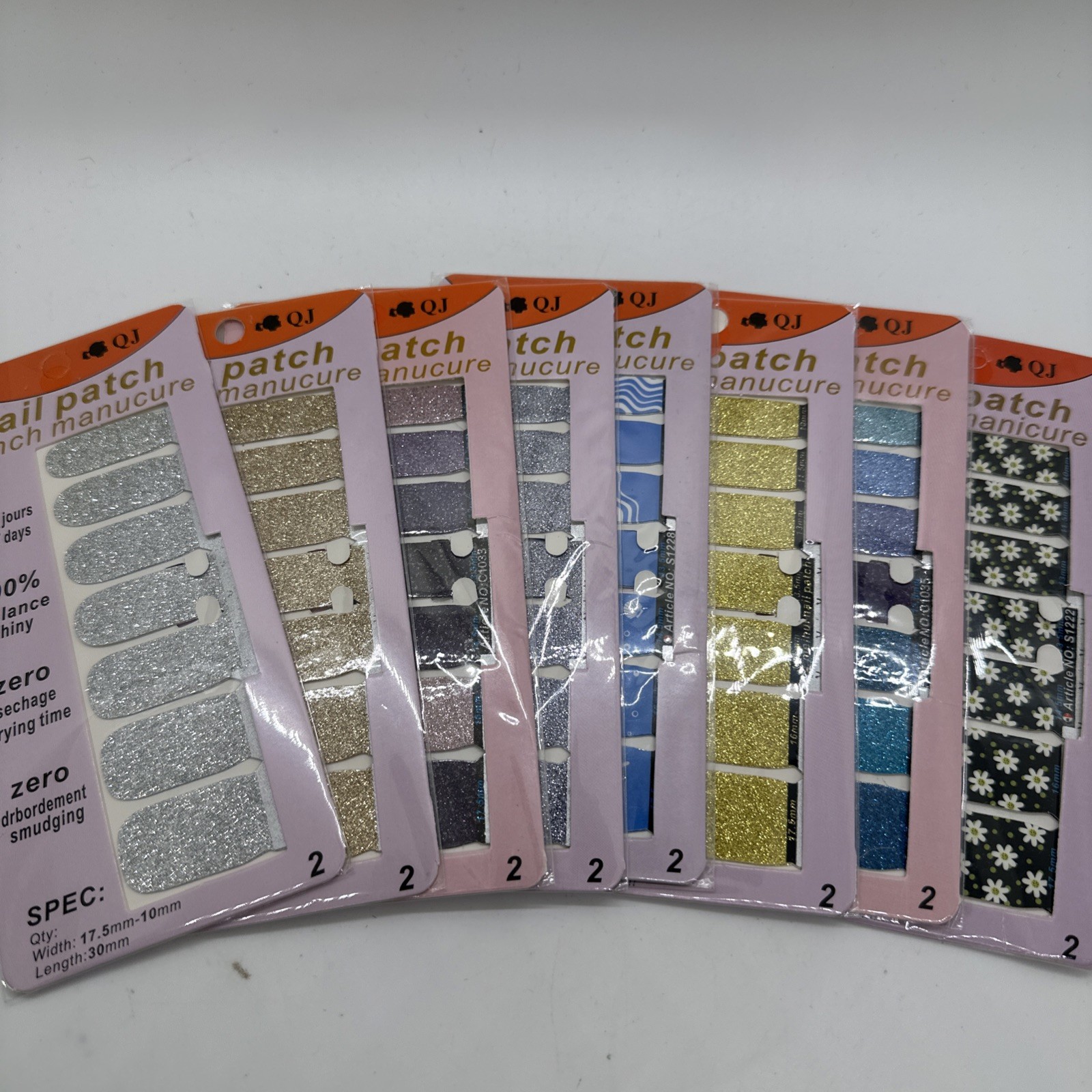 Lot Of 8 QJ Nail Patch Wrap Packs Nail Art Multicolor Glitters New 8×16 Strips