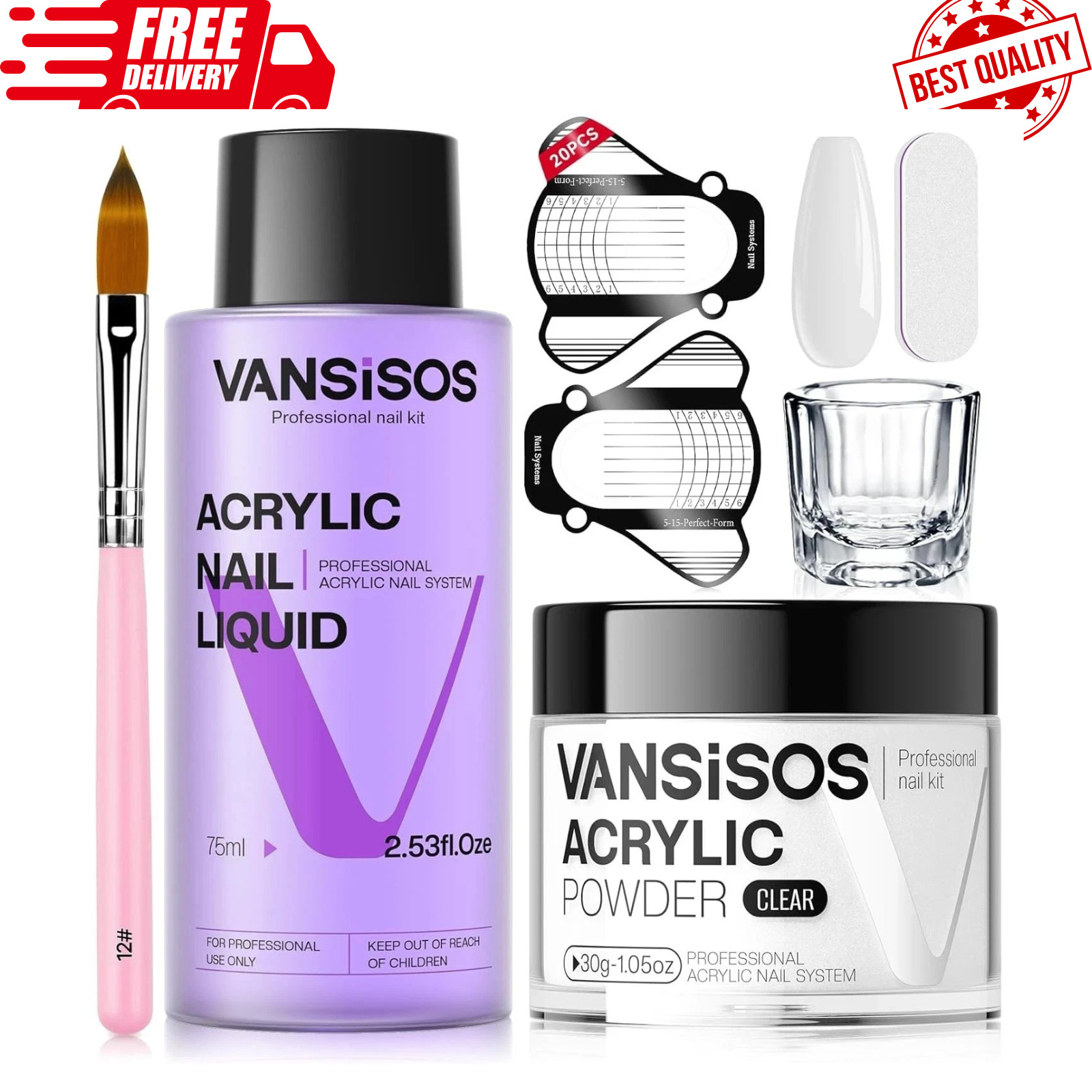 VANSISOS Acrylic Nail Kit: 30g Clear Acrylic Powder and 75ml Liquid Set with