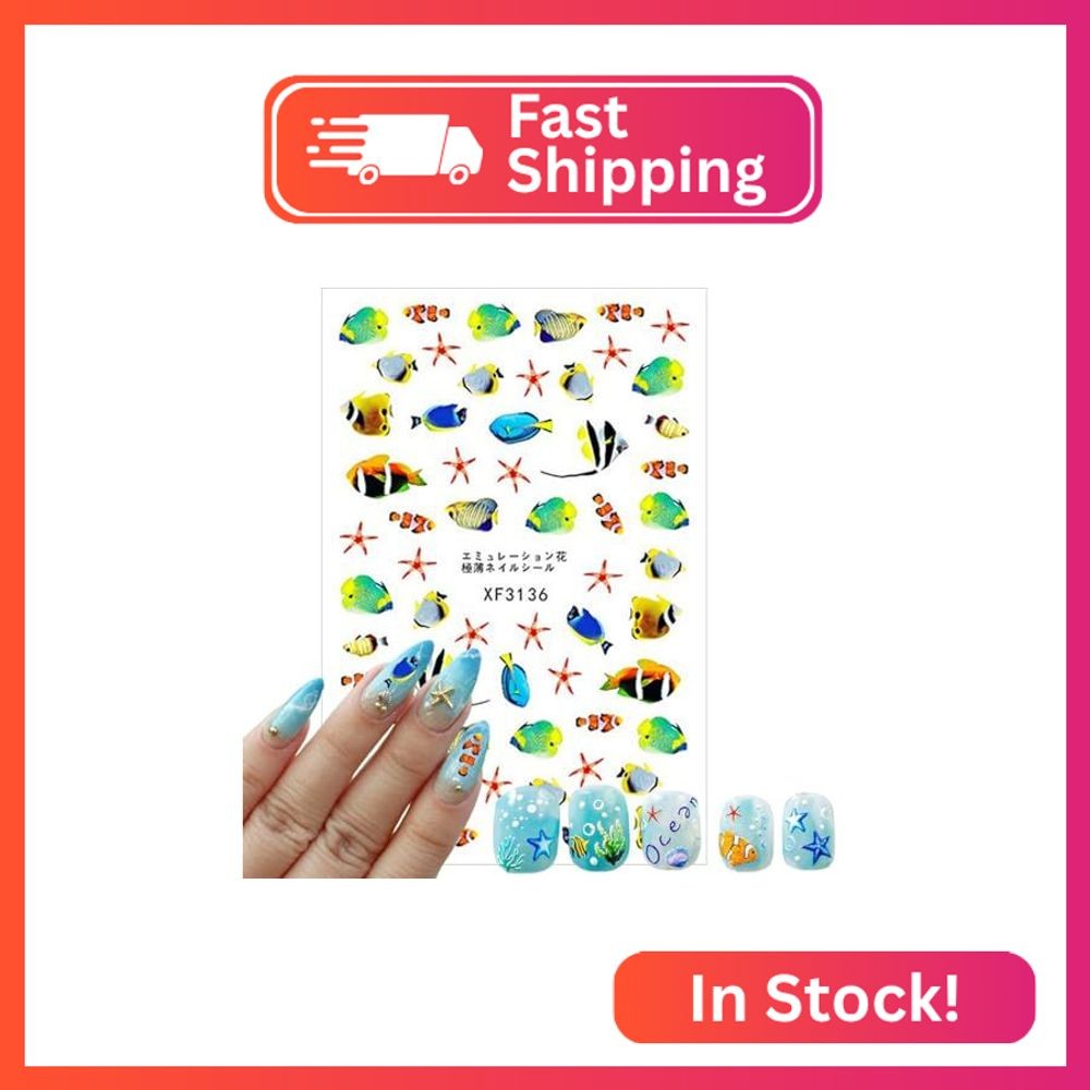 8 Sheets Summer Ocean Nail Art Stickers 3D Self-Adhesive Starfish Seashell Nail