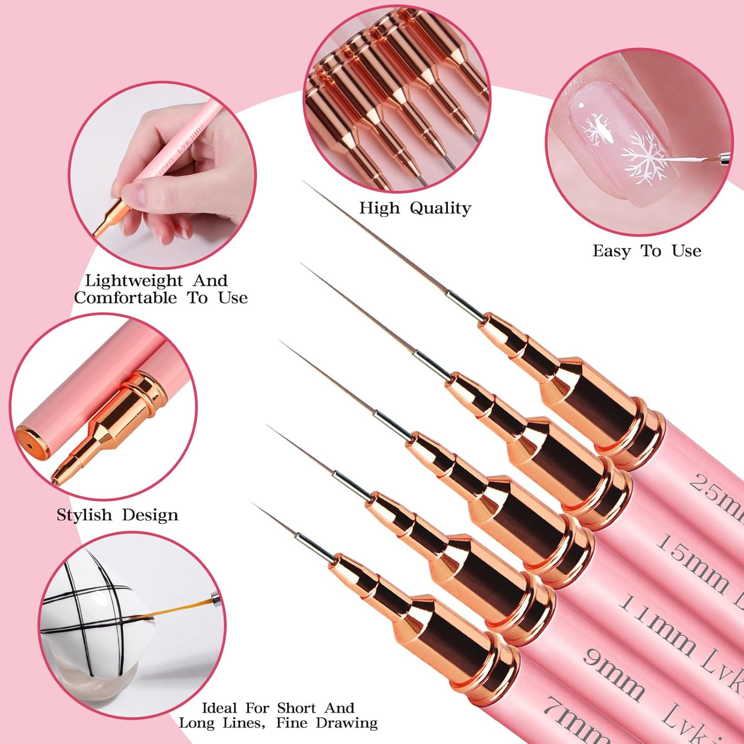 5 Pcs Nail Art Liner Brushes, Multi Size UV Gel Detail Painting Brushes | 7/9/11