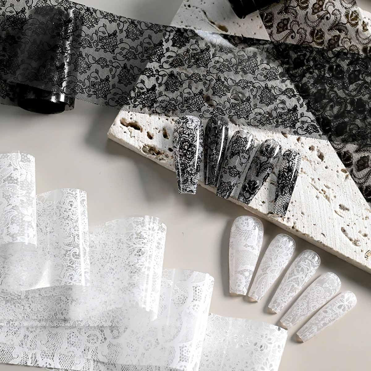 10 Rolls Lace Nail Foil Black White Transfer Stickers for Women | Floral Rose De