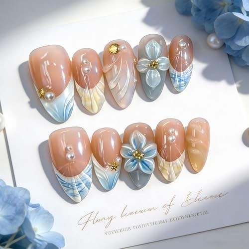 Summer Press on Nails – Short Almond Fake Nails – French Tip – Style 7