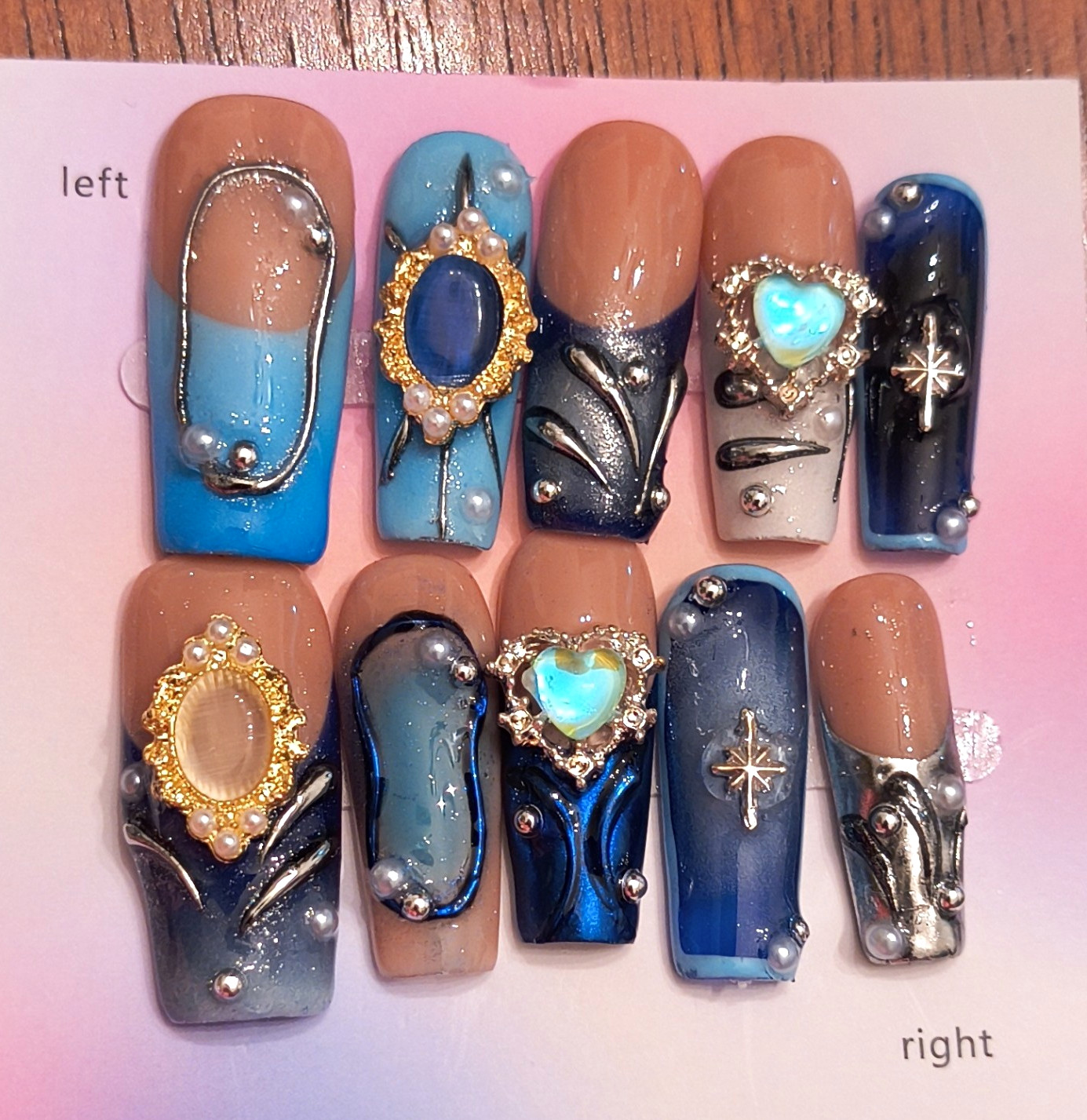 Press-On Nails Medium Coffin Blue Nude Silver 3D Rhinestone Heart Full Cover