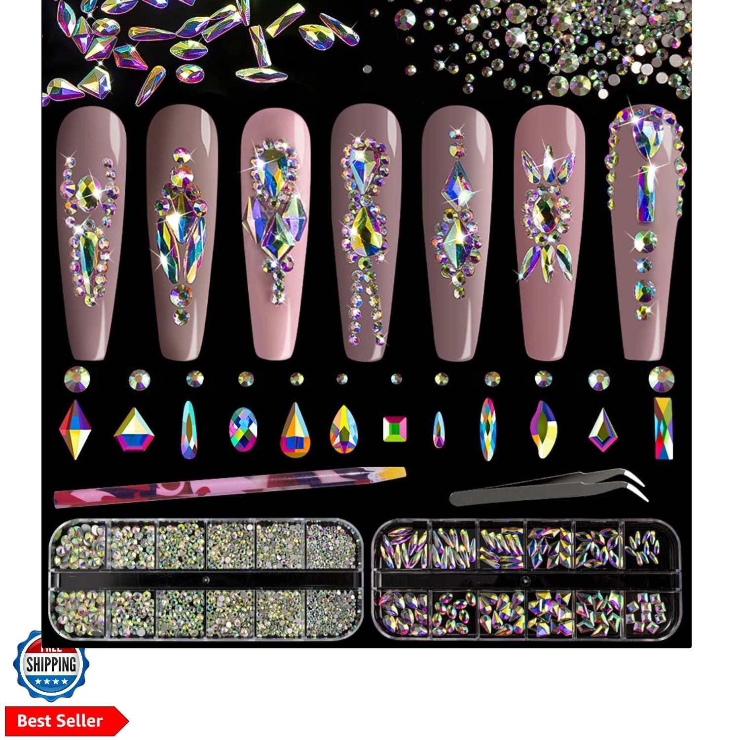 Multi Shapes 3D Glass AB Crystal Nail Art Rhinestones Kit with Flatback Round…