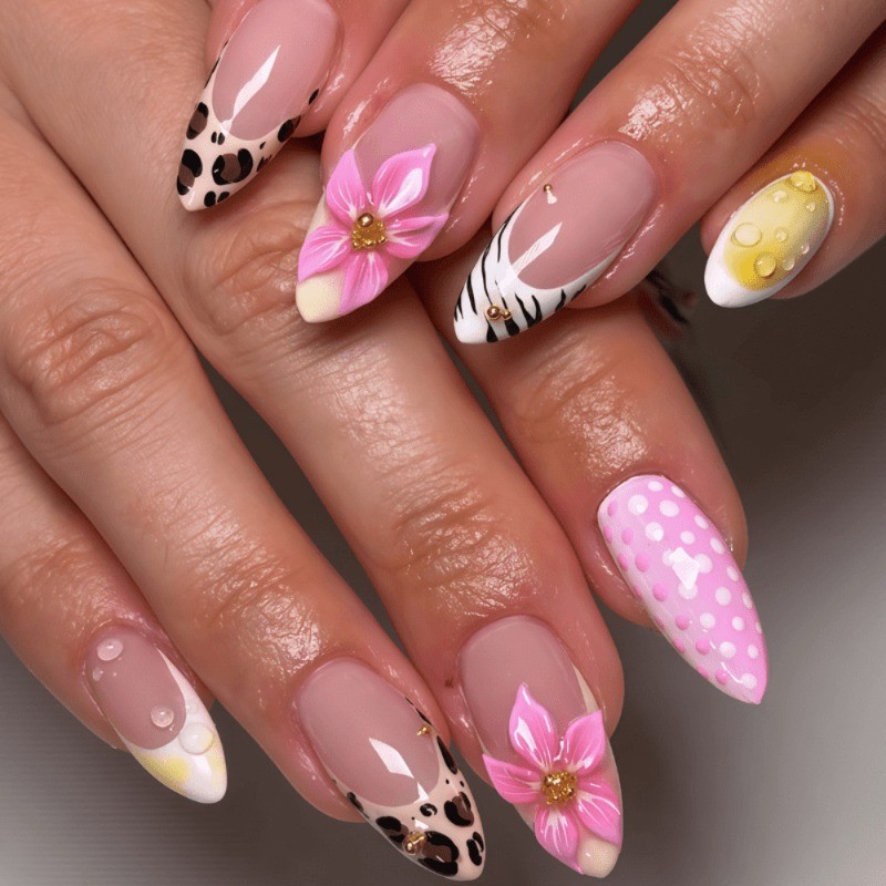 48 Pcs of Nude Pink Mixed Element Fake Nails – Removable Nails, Daily Nail Art