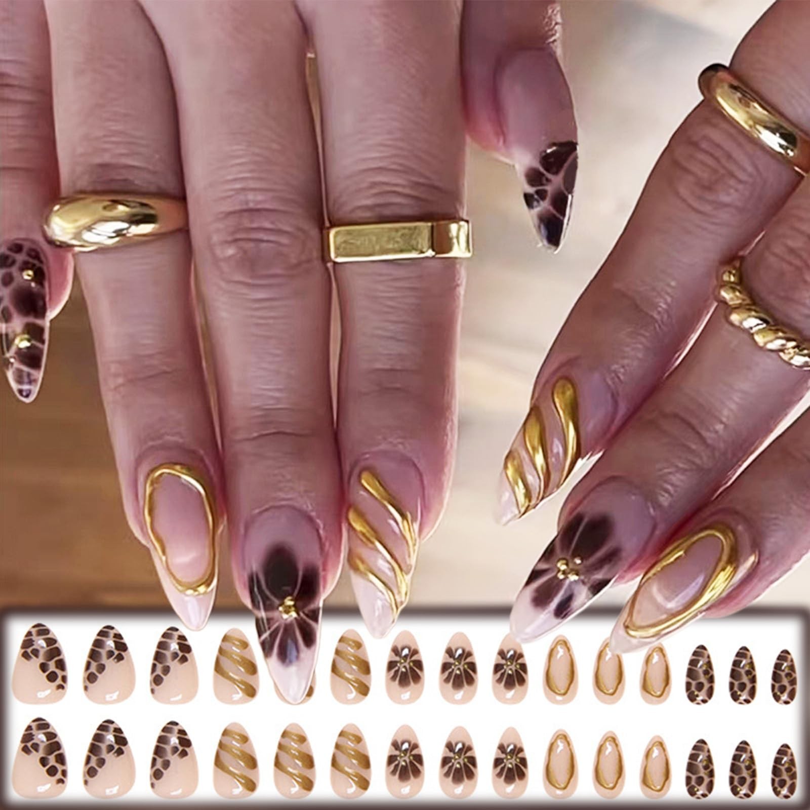 3D Gold Curve Line Press on Nails 24Pcs Turtle Print False Nails Glossy Brown…