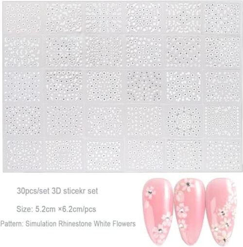 SPLOCUDU 3D White Flower Nail Art Stickers with Rhinestones – 3D Nail Decals