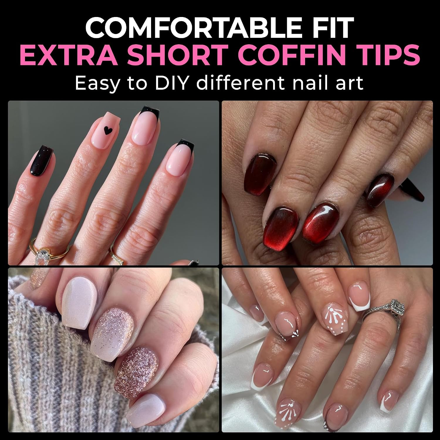 Extra Short Coffin Nail Tips, 216Pcs in 12 Szies Soft Gel Tips | Pre-Shaped Full